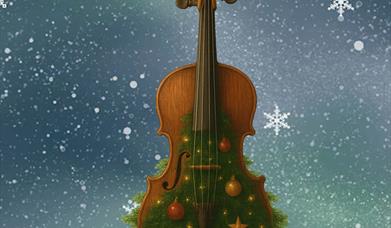 A violin with a Christmas tree on a background of stars and snowflakes