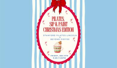 Image shows a graphic from Stanford Pilates reading Pilates Sip and paint Christmas edition event.